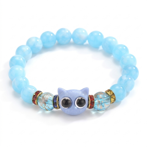 Armbånd Himmelblå – pastellblå perler med kattehode