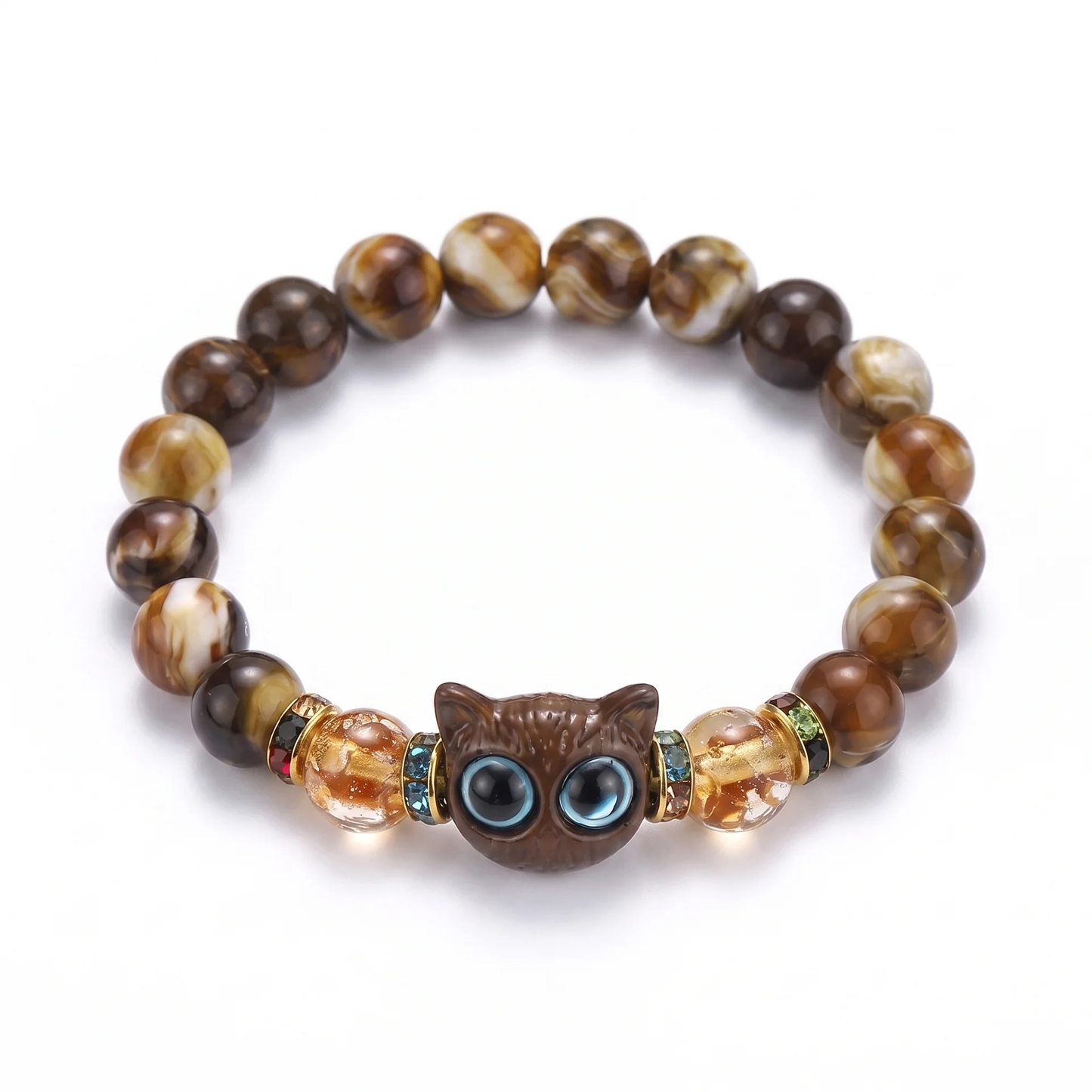 Armbånd Tiger – ravgul-brune marmorerte perler med kattehode
