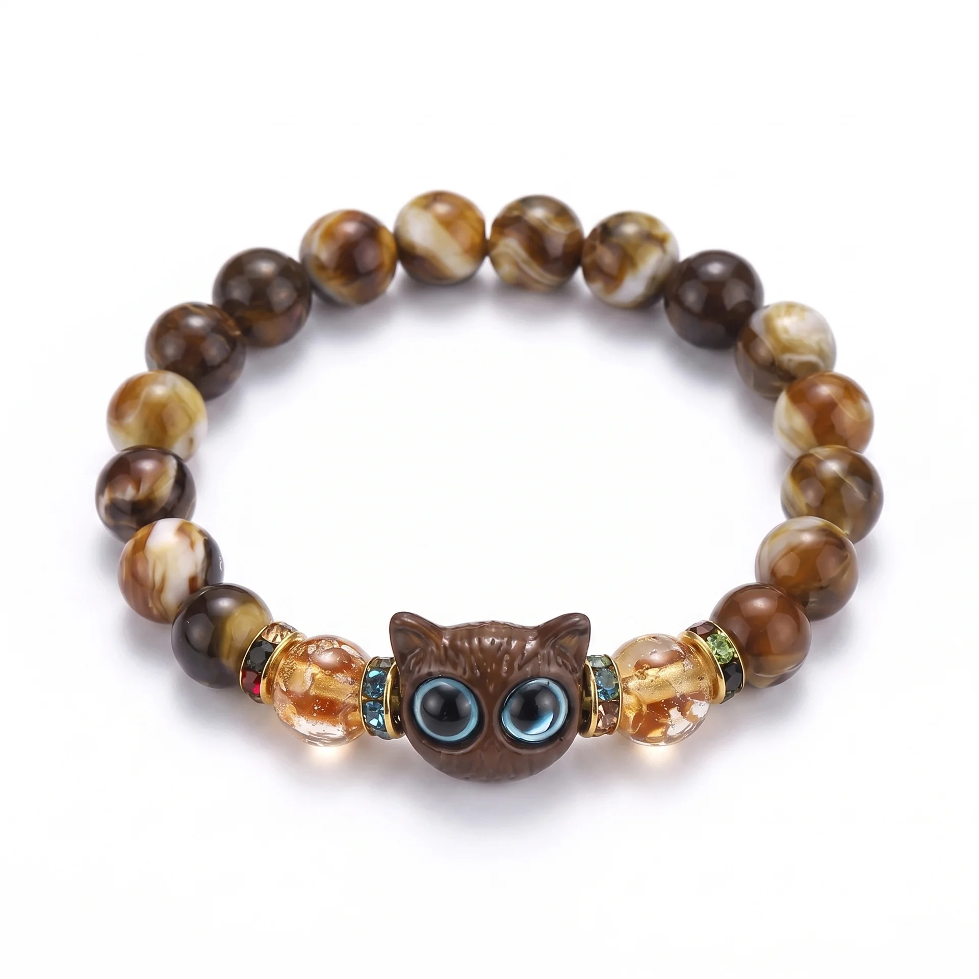 Armbånd Tiger – ravgul-brune marmorerte perler med kattehode
