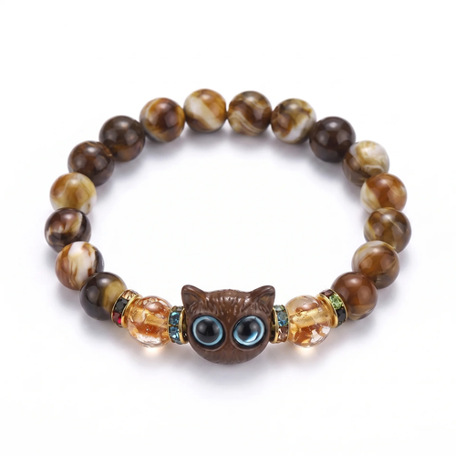 Armbånd Tiger – ravgul-brune marmorerte perler med kattehode
