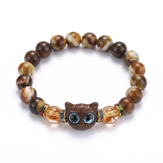 Armbånd Tiger – ravgul-brune marmorerte perler med kattehode